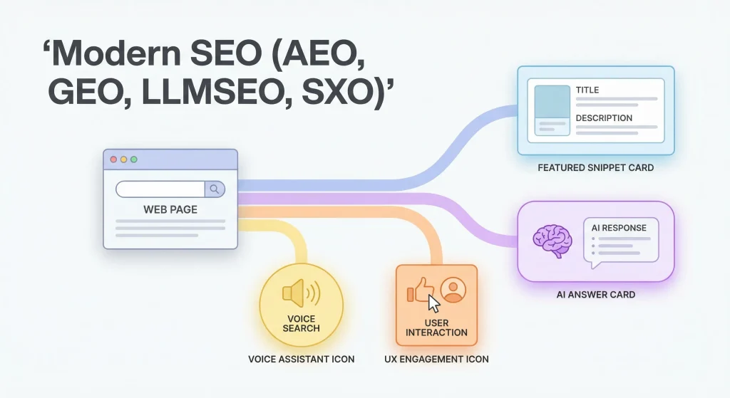 Modern SEO terminology overview showing AEO, GEO, LLMSEO, and SXO with AI answers and featured snippets.