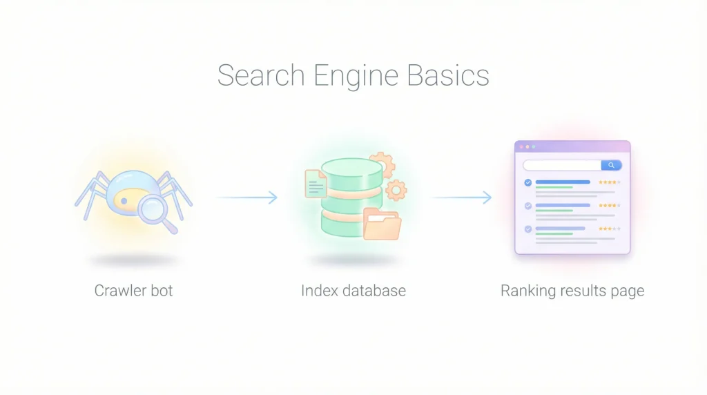 Search engine basics diagram explaining SEO terminology like crawling, indexing, and ranking results.