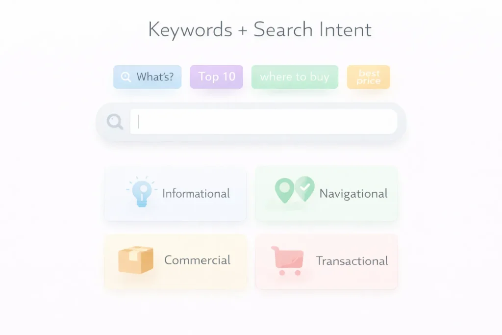 SEO terminology chart explaining keywords and search intent types: informational, navigational, commercial, and transactional.