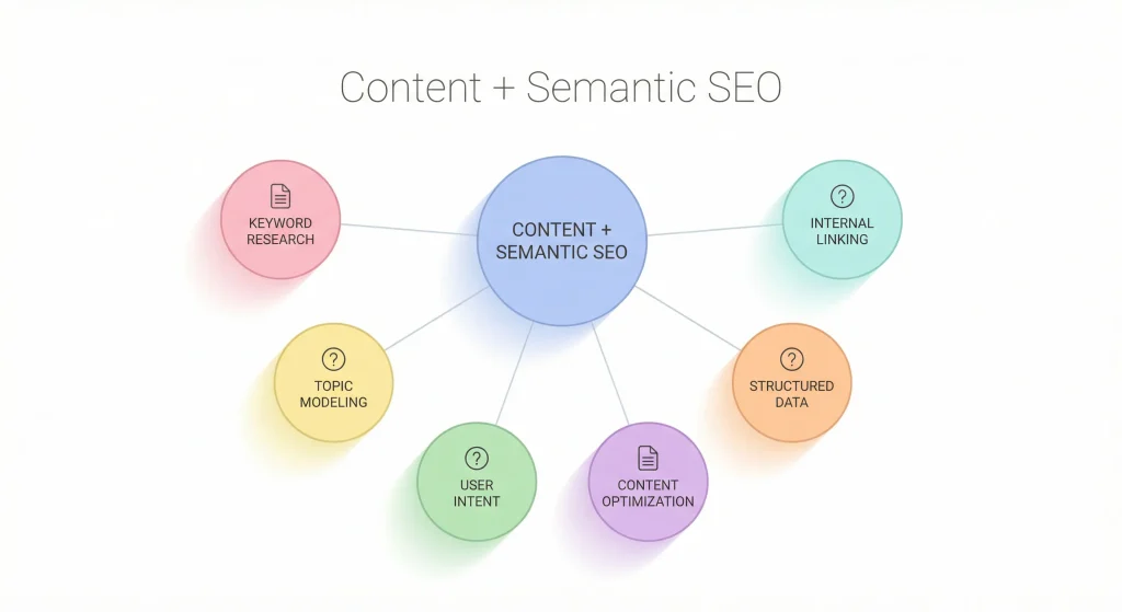 SEO terminology graphic explaining semantic SEO, topic modeling, structured data, and internal linking.