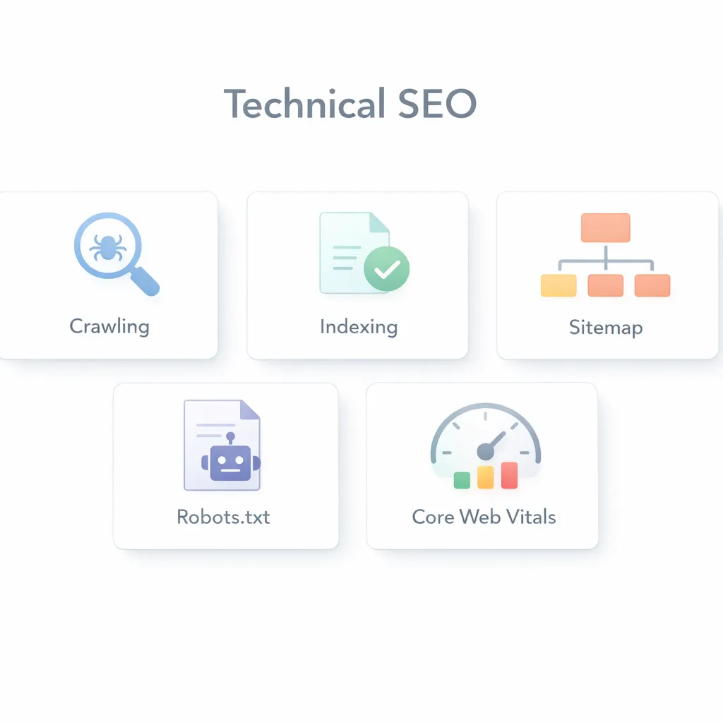 Technical SEO terminology showing crawling, indexing, sitemap, robots.txt, and Core Web Vitals.
