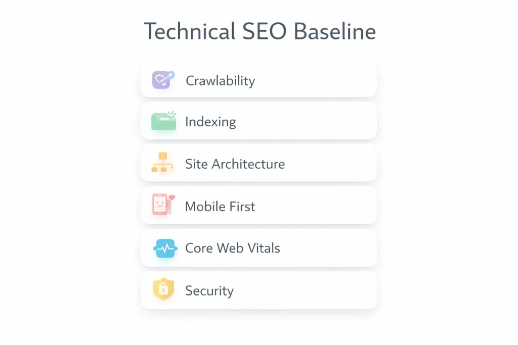 Technical SEO baseline checklist for advanced SEO including crawlability, indexing, site architecture, mobile-first, Core Web Vitals, and security.