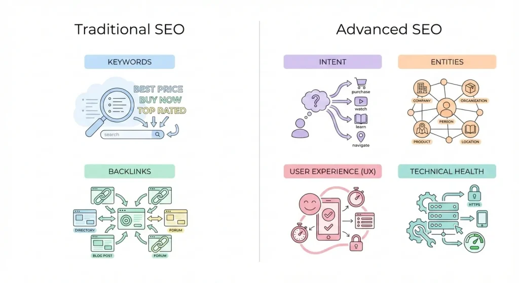 Comparison of traditional SEO and advanced SEO showing keywords and backlinks versus intent, entities, UX, and technical health.
